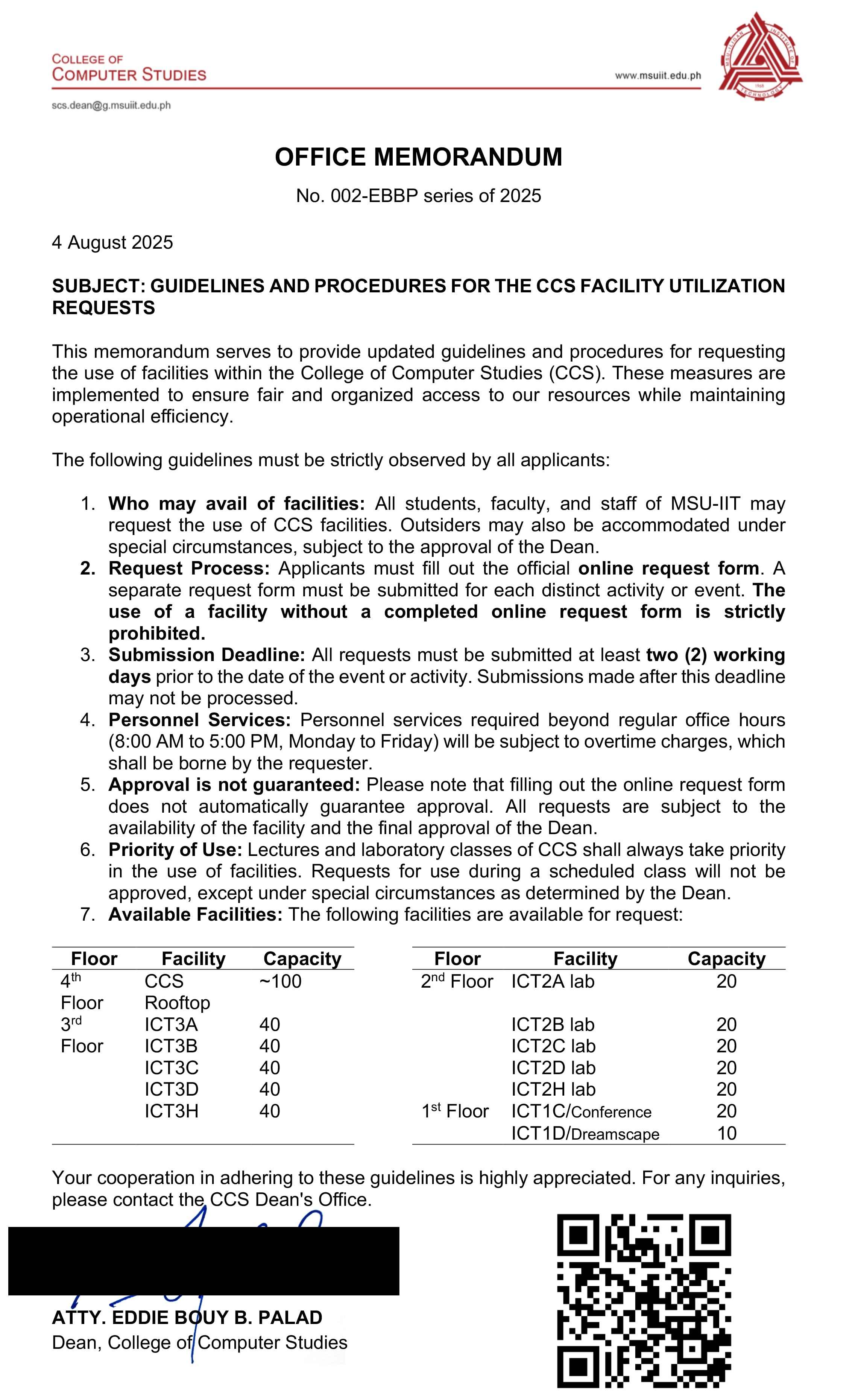 Office Memorandum No. 002-EBBP series of 2025 - Guidelines and Procedures for CCS Facility Utilization Requests